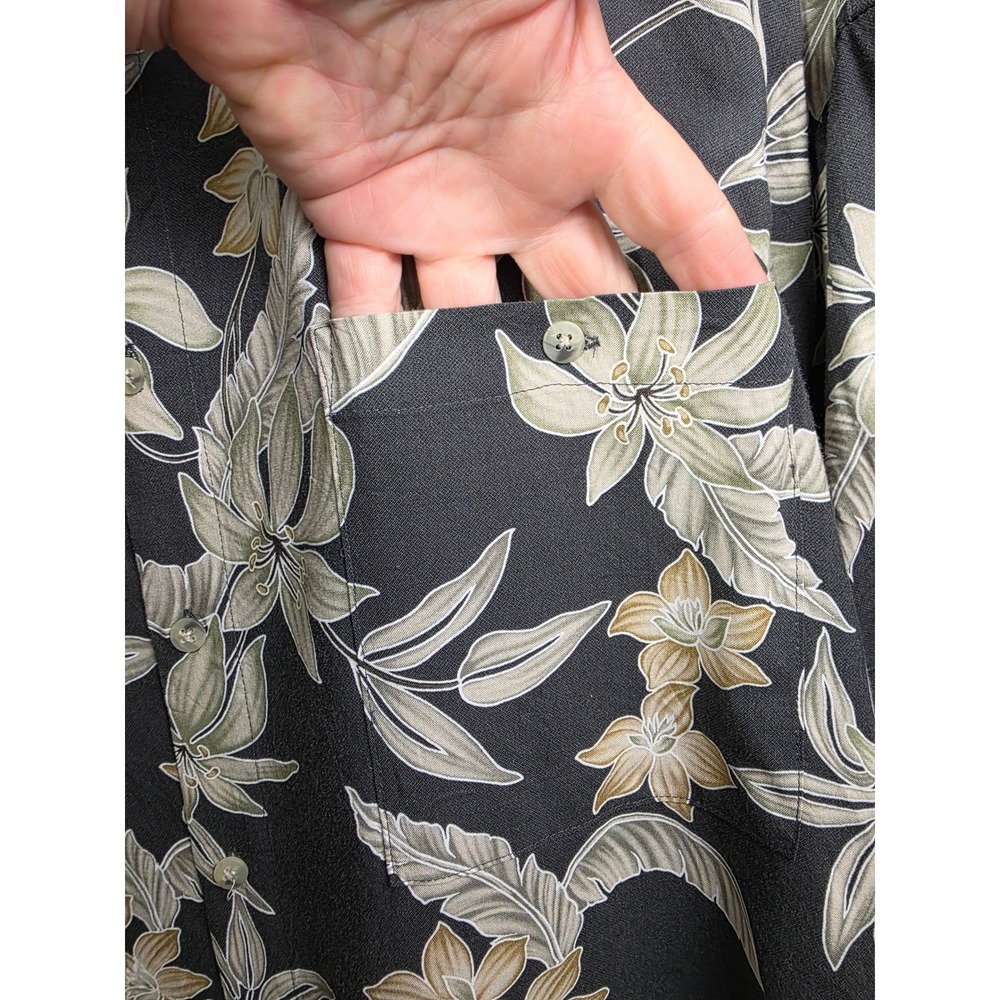 Pierre Cardin Mens 3X Tropical Floral Rayon Button Down Shirt Black Sage Green - Picture 6 of 7